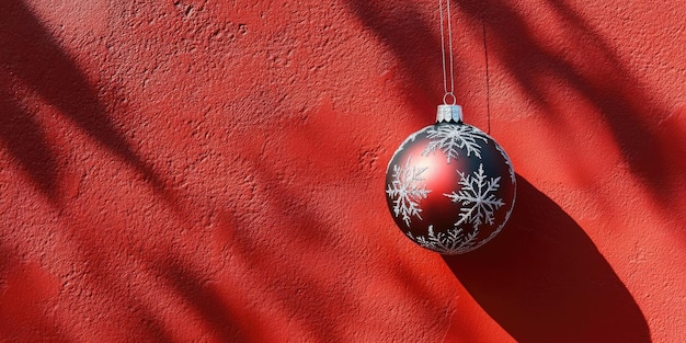 Red Christmas ball with silver snowflake pattern hanging against a textured red wall with strong shadowsxA