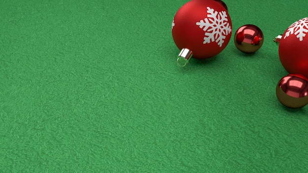 Red Christmas balls on green background 3d rendering