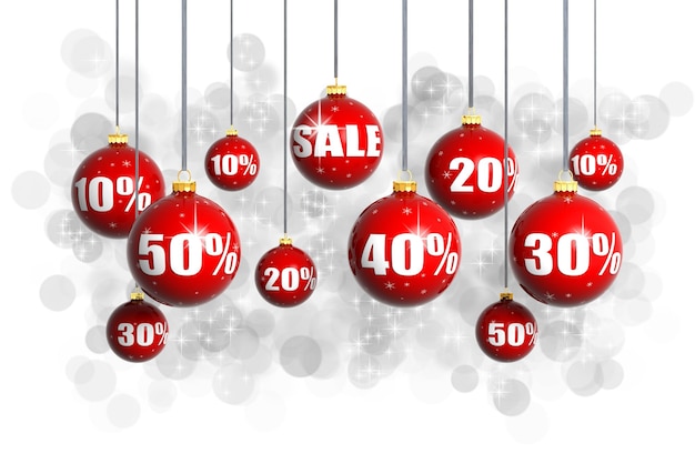 Red Christmas balls with numbers and percent symbols for Christmas sale