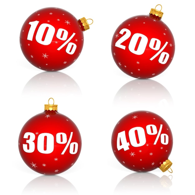 Red Christmas balls with numbers and percent symbols for Christmas sale