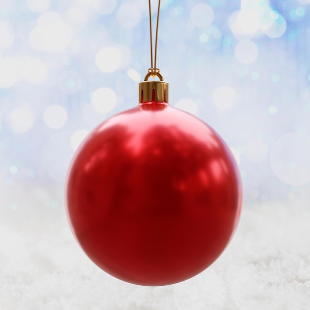 Red Christmas bauble in bokeh background Winter holiday decoration