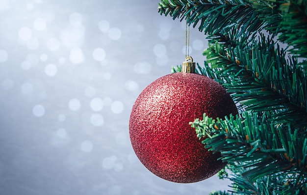 Red Christmas decoration on a tree branch against blue defocused lights with copy space.