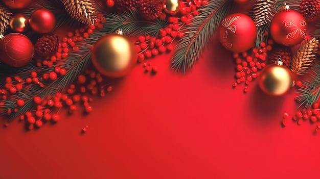 Red christmas flatley background with christmas balls generative ai