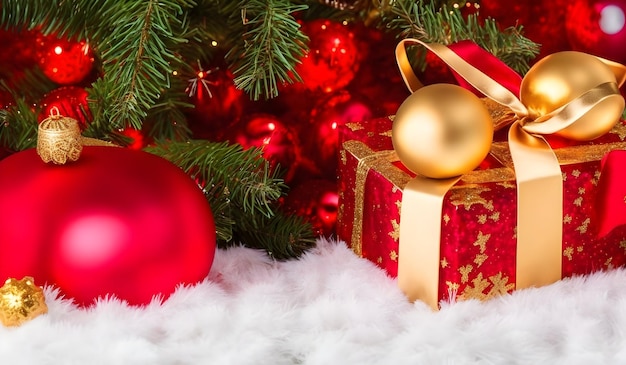 Red Christmas gift box and baubles on background golden lights