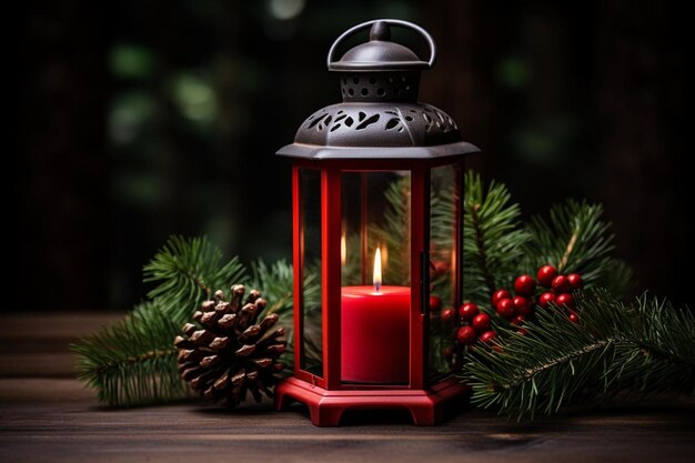 Photo red christmas lantern with pine branches and holly o