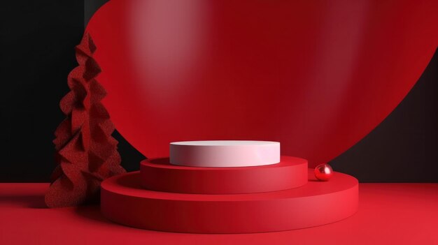 Red Christmas podium for product display Illustration AI GenerativexA