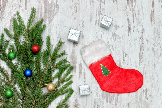 Red Christmas sock, silver boxes