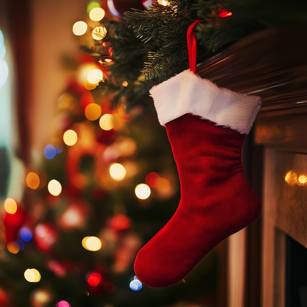 Photo red christmas stocking hanging by fireplace with blurry christmas tree lights in background