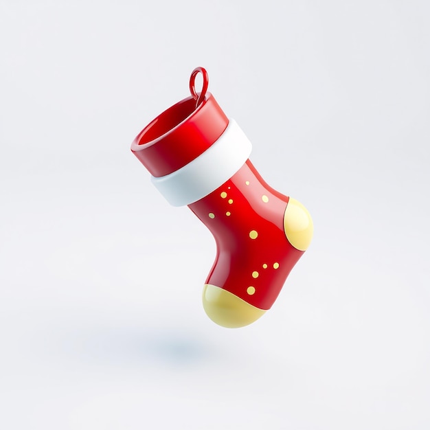 Red Christmas stocking with white cuff and yellow polka dots isolated on white background