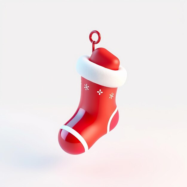 Red Christmas stocking with white trim and snowflakes hanging on a white background