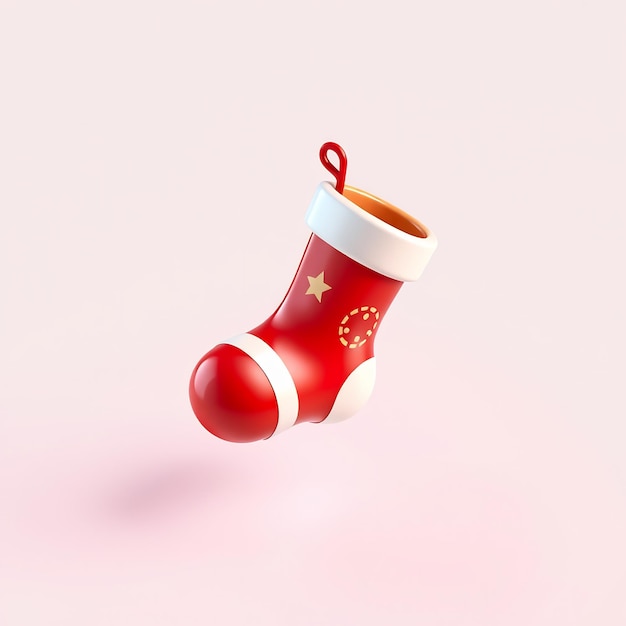 Red Christmas stocking with white trim and a star isolated on a pink background