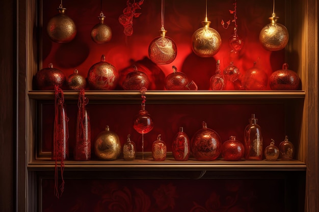 A red christmas tree is on a shelf with red ornaments.