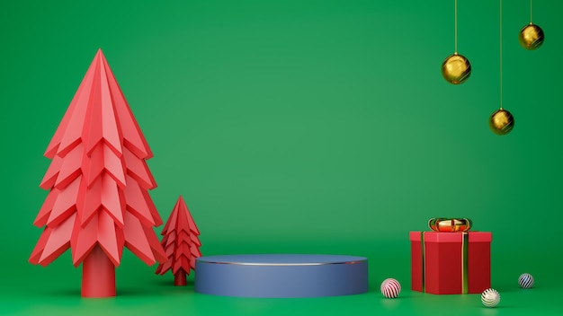 Red Christmas tree with blue circle podium with gold edge, circle ball, gift box and green color background. Merry Christmas and Happy New Year concept. 3D Rendering illustration.