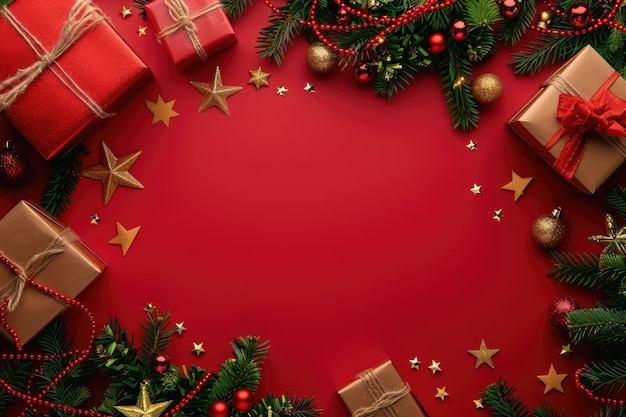 a red christmas wreath with a christmas tree and a red ribbon with gold stars