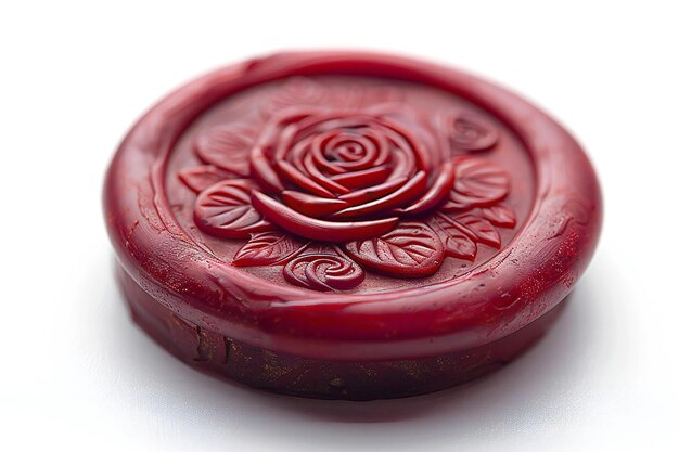 Photo red cinnabar wax stamp with rose pattern isolated object high resolution