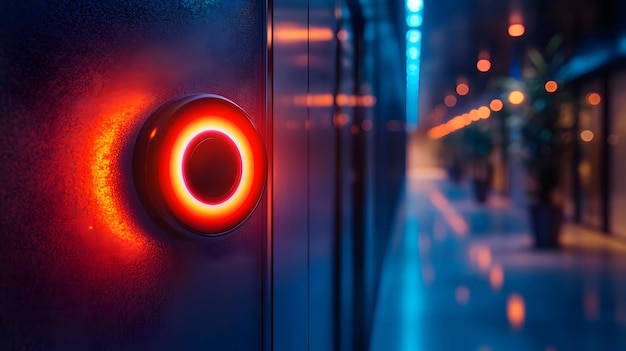 Red Circle Light on a Glass Door with Blue Bokeh Background Illustration