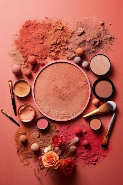 A red circle with powders and a round mirror with a pink background and a few other makeup brushes.