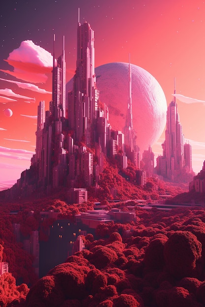 A red city with a large planet in the middle