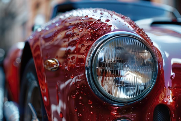 Photo red classic car covered in water droplets after being washed