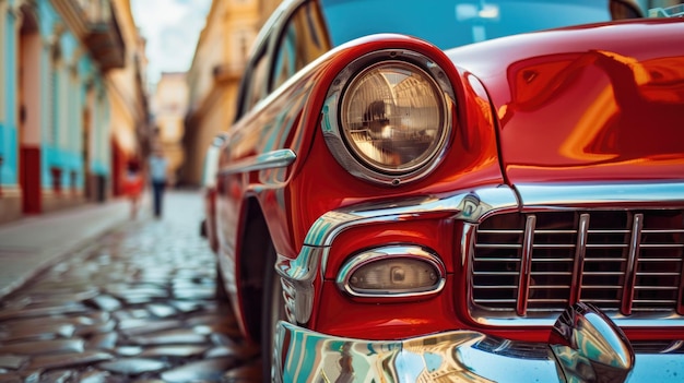 A red classic car with chrome details in a vintage and retro style