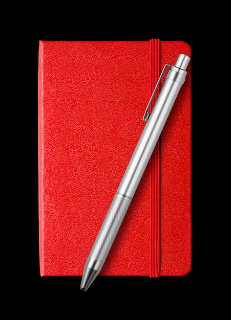 Red closed notebook and pen isolated on black