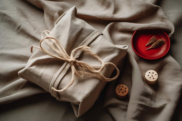 A red cloth with a brown cloth and a brown button on it and a pair of buttons on the side.