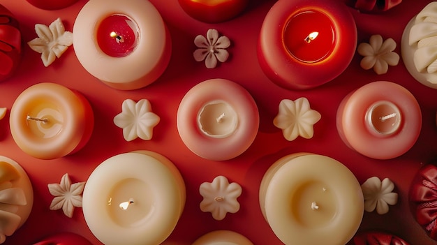 a red cloth with candles and a white flower on it