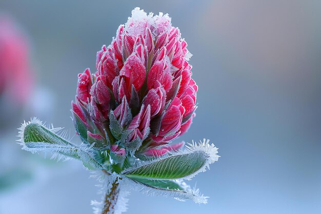 Red clover flower covered in frost macro photography closeup