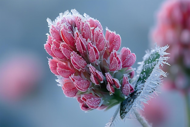 Red clover flower covered in frost macro photography closeup