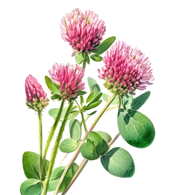 Red clover plant isolated on white Generative AI illustration in detailed watercolour style