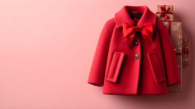 Red Coat with Bow Gift Boxes on Pink Background