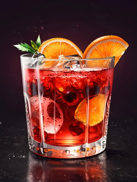 Red cocktail glass orange slices and berries