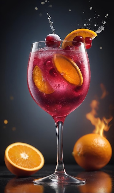 Red cocktail glass orange slices and berries