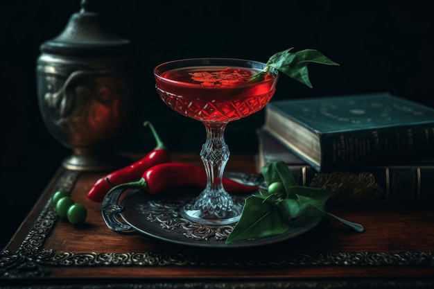 A red cocktail in a glass with a book on the table next to it.