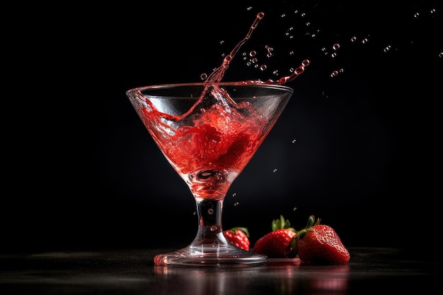 A red cocktail glass with a splash of liquid in it