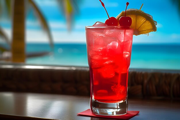 A red cocktail with a beach view in the background