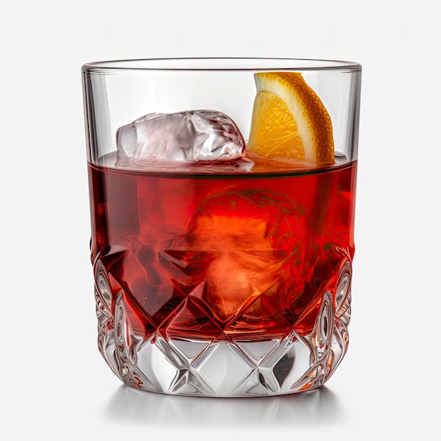 A red cocktail with ice cubes and a orange wedge on the bottom