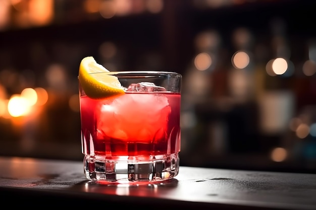 A red cocktail with a lemon wedge on a bar counter.