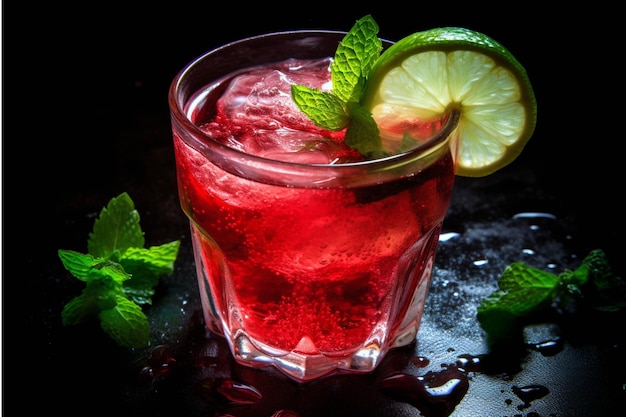 Red cocktail with lime and mint on a black background