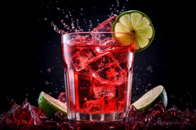 Red cocktail with lime and mint on a black background