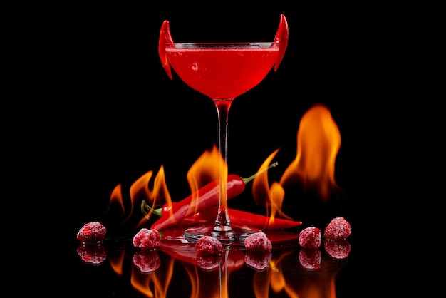 Red cocktail with raspberries and searing pepper on the mirror with flames of fire. High quality photo