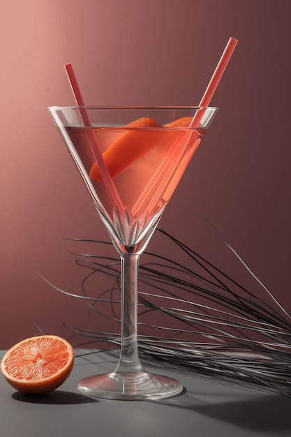 A red cocktail with a slice of orange in it