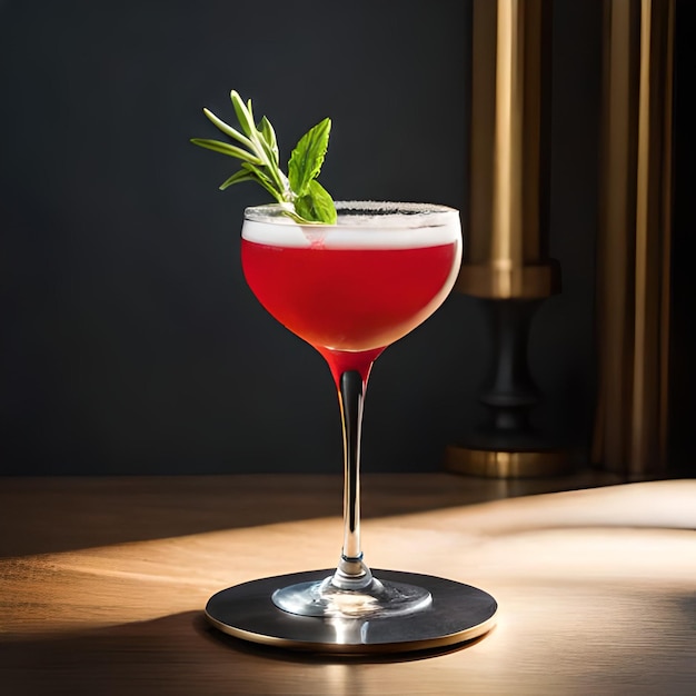 A red cocktail with a sprig of basil on top of it.