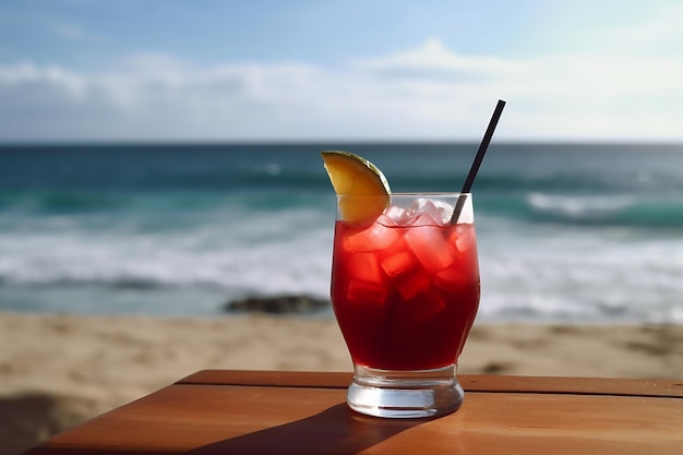 A red cocktail with a straw on the beach