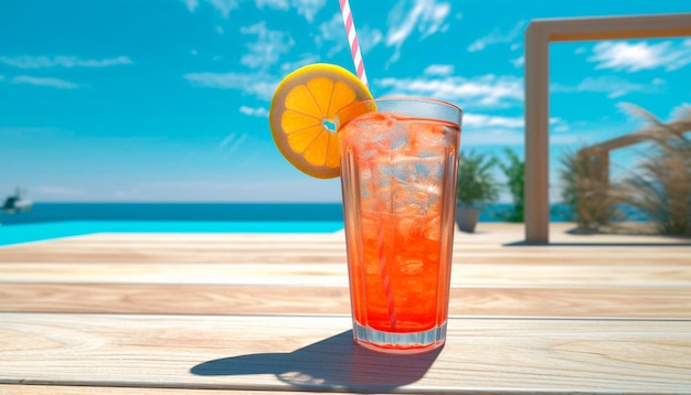 A red cocktail with a straw and a red drink with a straw on the table next to the ocean.