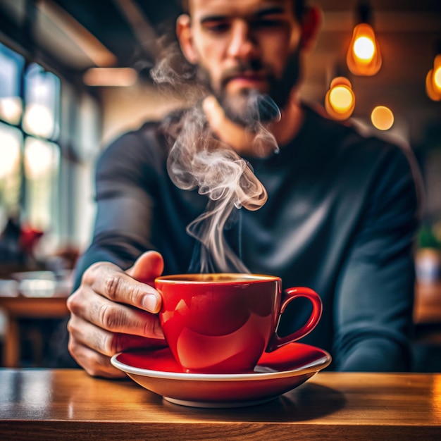 Red coffee cup with smoke in woman hand in coffee shop