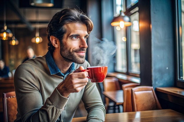 Red coffee cup with smoke in woman hand in coffee shop