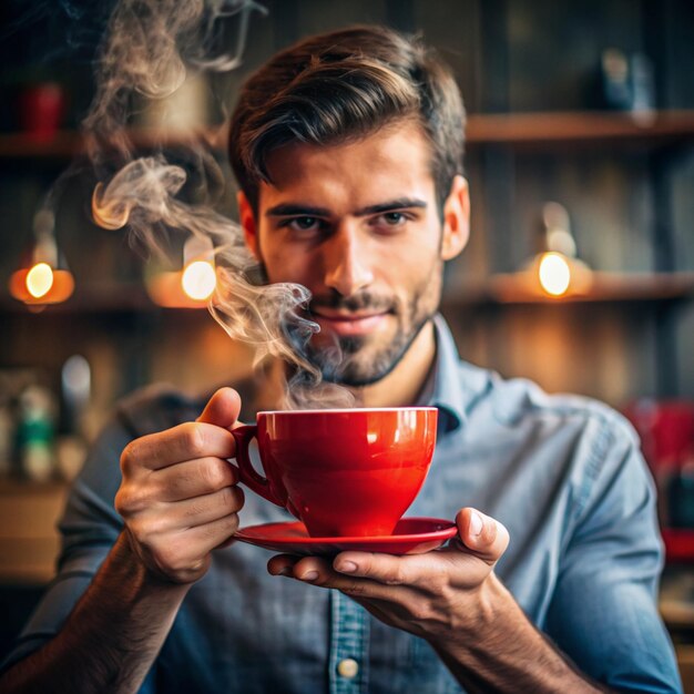 Red coffee cup with smoke in woman hand in coffee shop