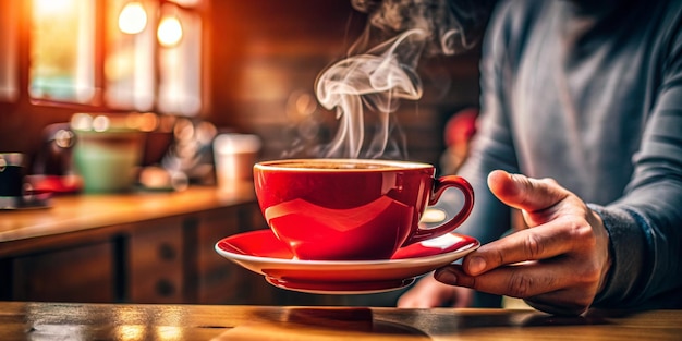 Red coffee cup with smoke in woman hand in coffee shop