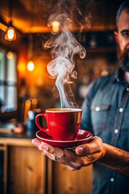 Red coffee cup with smoke in woman hand in coffee shop